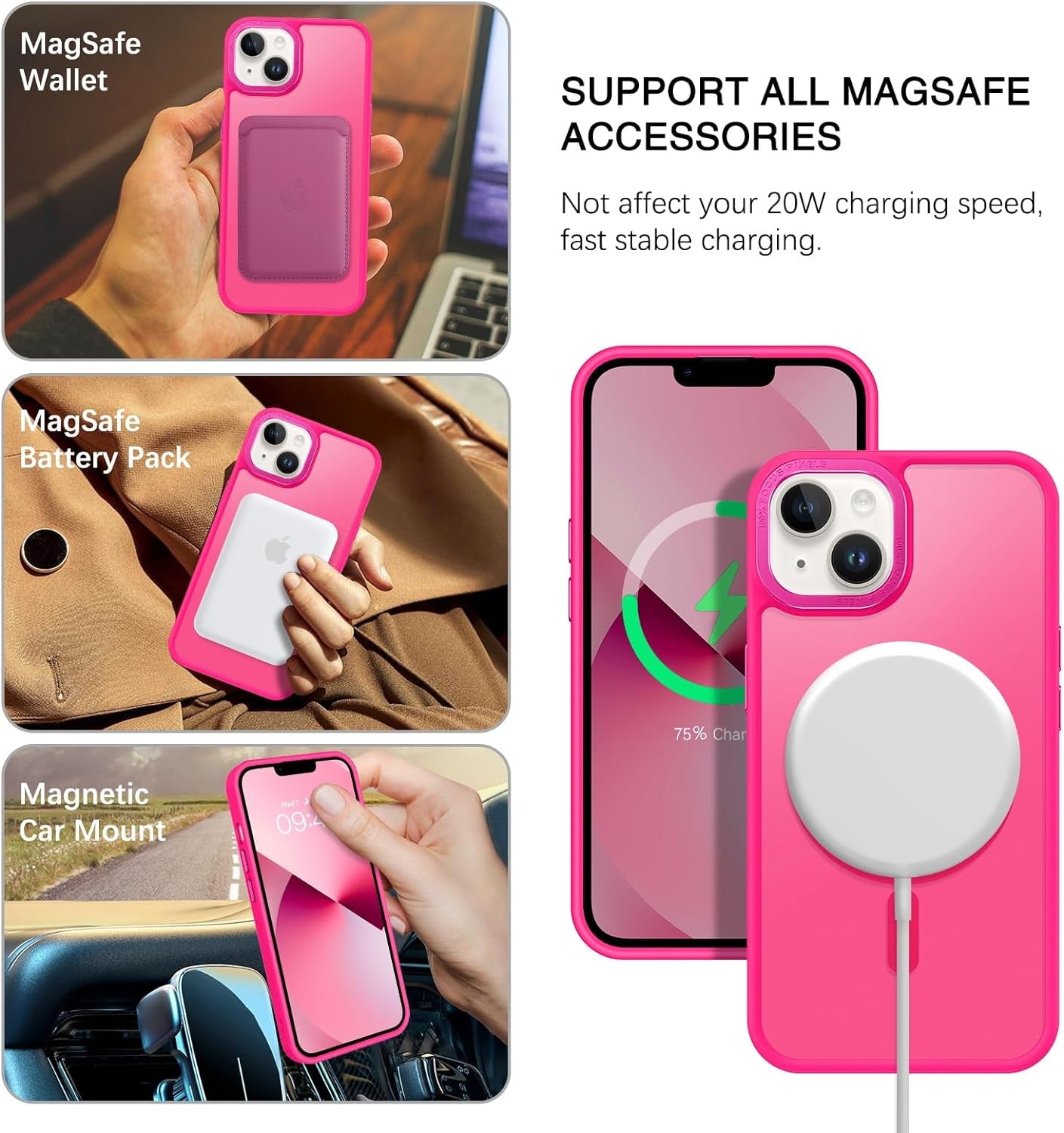 Magnetic for Iphone 13 Case & Iphone 14 Case [Compatible with Magsafe] Translucent Matte Phone Case Iphone 13/14 Slim Shockproof Women Men Protective Cover for Iphone 13/14 6.1", Hot Pink