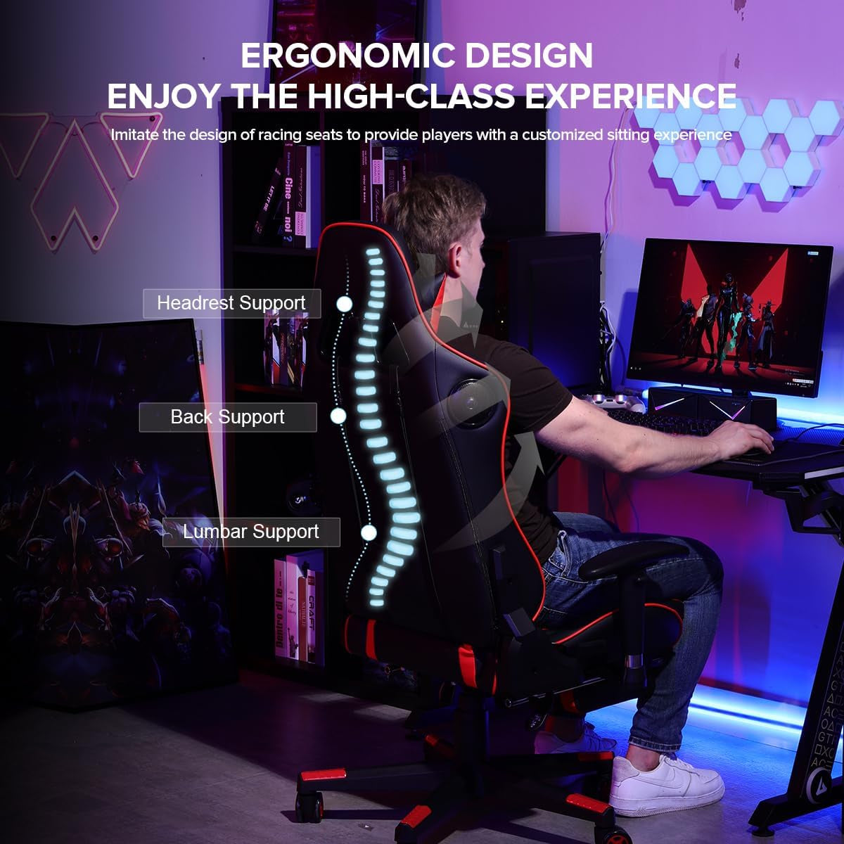 Gaming Chair with Footrest Speakers Video Game Chair Bluetooth Music Heavy Duty Ergonomic Computer Office Desk Chair Red