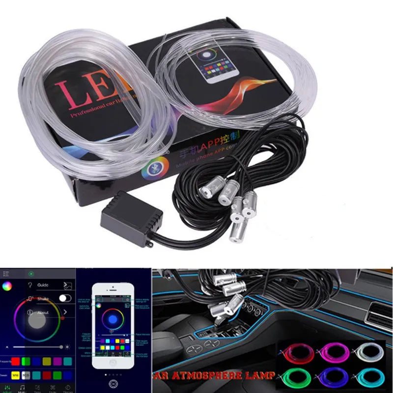 New 5PCS RGB LED Strips Ambient Light APP Bluetooth Control for Car Interior Atmosphere Light Lamp DIY Music 6M Fiber Optic Band