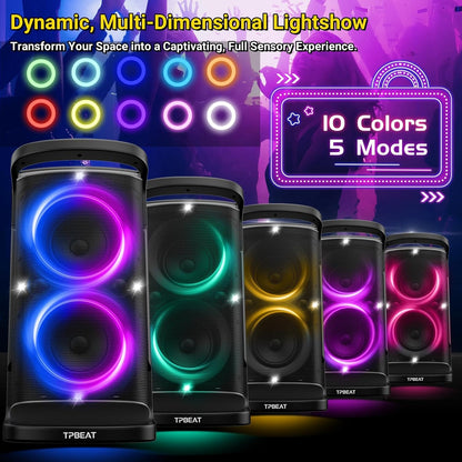 Portable Bluetooth Party Speaker: 160W Peak Powerful Loud Sound Deep Bass Wireless Boombox Large Subwoofer 15 Hours Battery Life Fast Charging with Led Light Show for Outdoor Camping Backyard