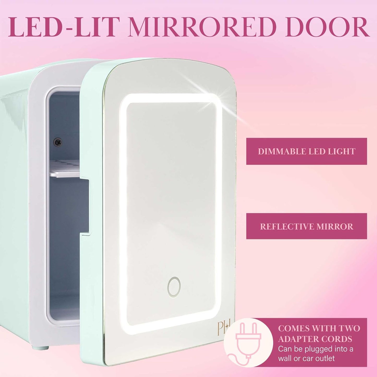 Mini Refrigerator and Personal Beauty Fridge, Mirrored Door with Dimmable LED Light, Thermoelectric Cooling and Warming Function for All Cosmetics and Skincare Needs, 4-Liter, Aqua