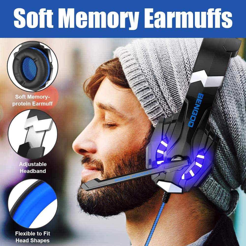 G9000 Stereo Gaming Headset for PS4 PC Xbox One PS5 Controller, Noise Cancelling over Ear Headphones with Mic, LED Light, Bass Surround, Soft Memory Earmuffs (Blue)