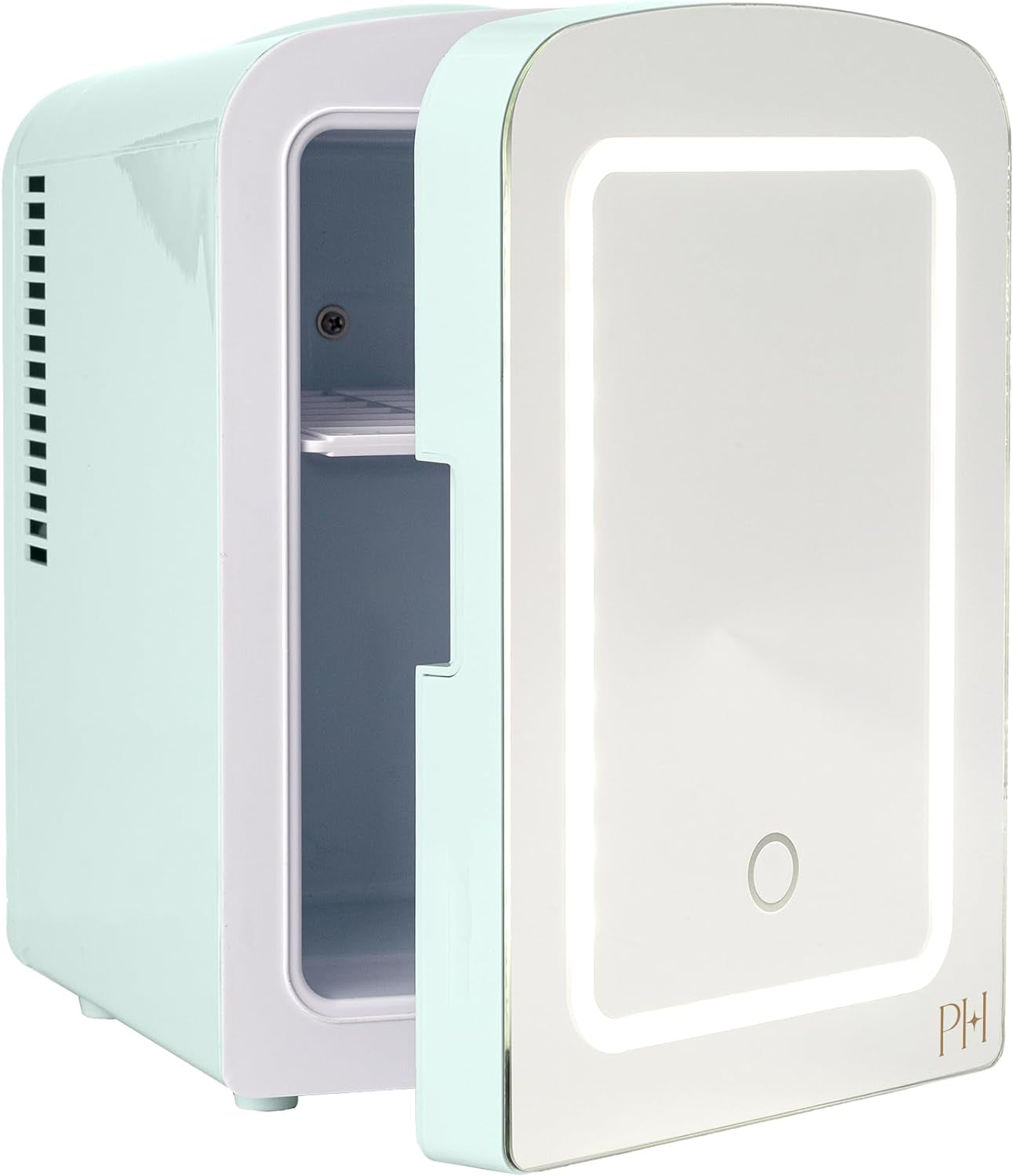 Mini Refrigerator and Personal Beauty Fridge, Mirrored Door with Dimmable LED Light, Thermoelectric Cooling and Warming Function for All Cosmetics and Skincare Needs, 4-Liter, Aqua