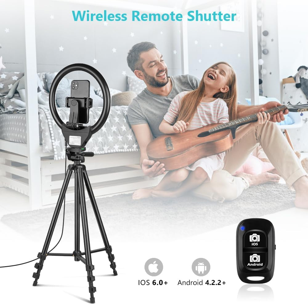 10'' Ring Light with 50'' Extendable Tripod Stand, LED Circle Lights with Phone Holder for Live Stream/Makeup/Youtube Video/Tiktok, Compatible with All Phones