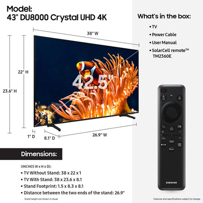 43-Inch Class 4K Crystal UHD DU8000 Series HDR Smart TV W/Object Tracking Sound Lite, Motion Xcelerator 120Hz, Ultra Slim Design, Gaming Hub, Alexa Built-In (UN43DU8000, 2024 Model)