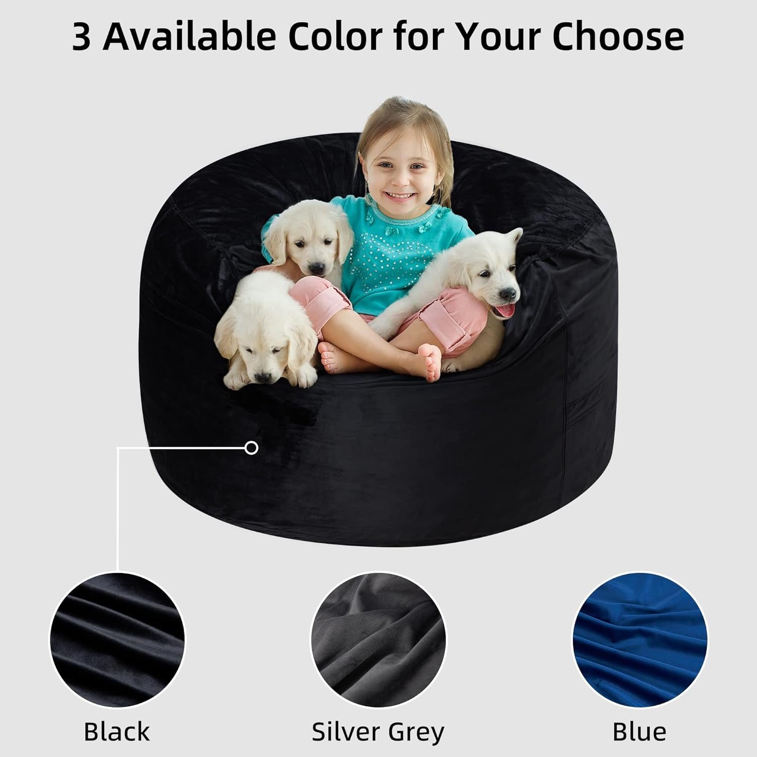 3Ft Bean Bag Chair, Memory Foam Filling Bean Bag Chairs with Velvet Cover, Removable and Machine Washable Cover, Giant Bean Bag Chair for Adult - Black