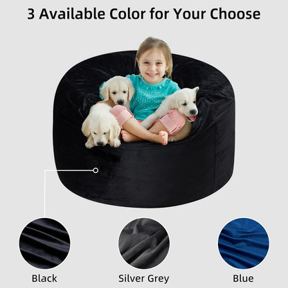 3Ft Bean Bag Chair, Memory Foam Filling Bean Bag Chairs with Velvet Cover, Removable and Machine Washable Cover, Giant Bean Bag Chair for Adult - Black