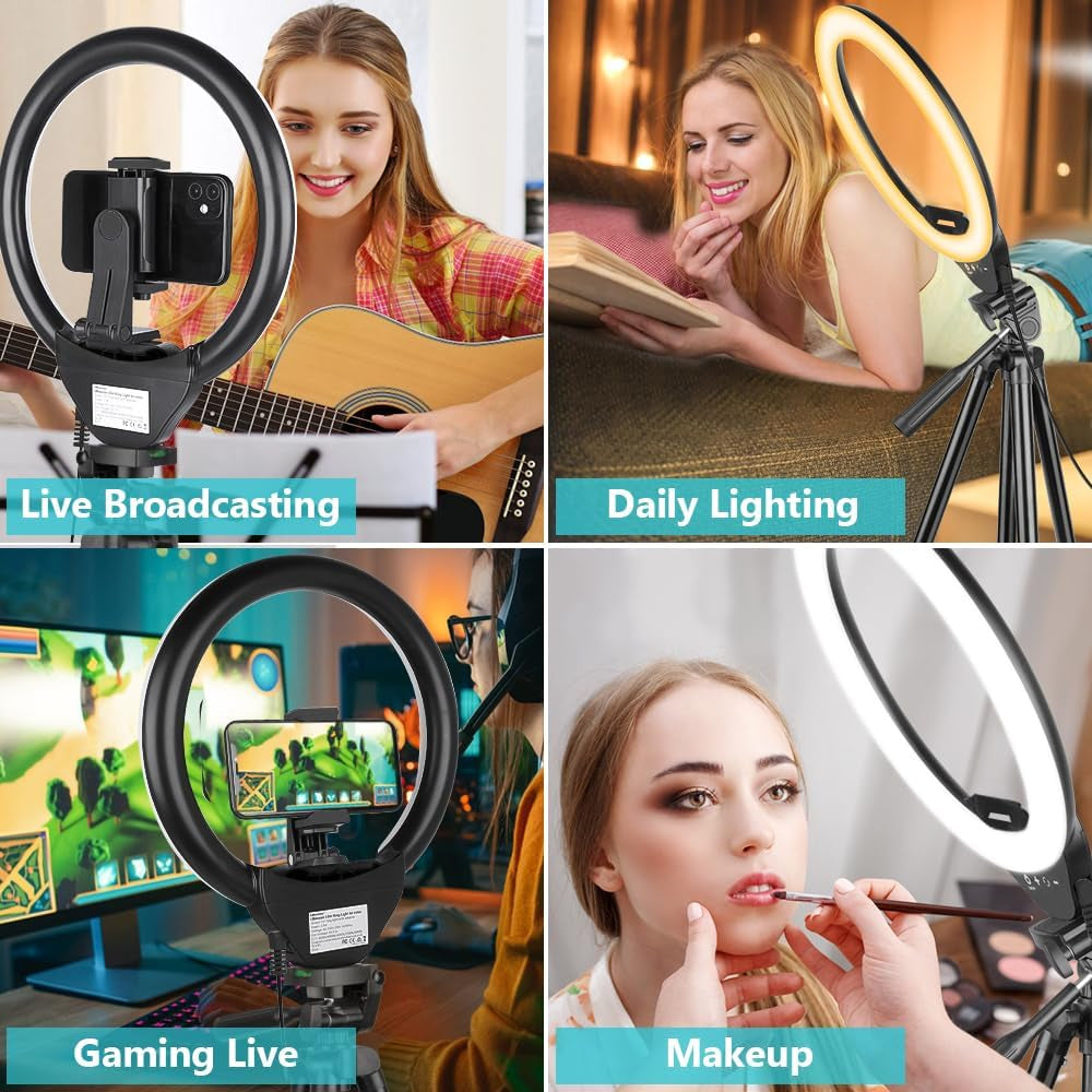 10'' Ring Light with 50'' Extendable Tripod Stand, LED Circle Lights with Phone Holder for Live Stream/Makeup/Youtube Video/Tiktok, Compatible with All Phones