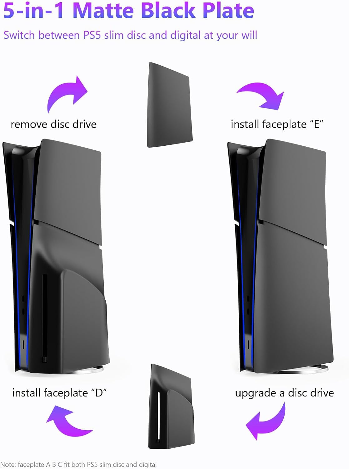 5 in 1 Black Plates for PS5 Slim Disc and Digital Edition, Playstation 5 Slim Cover Accessories Faceplate, Custom Side Face Panel Shell Replacement for Both PS5 Slim Disc and Digital - Matte Black