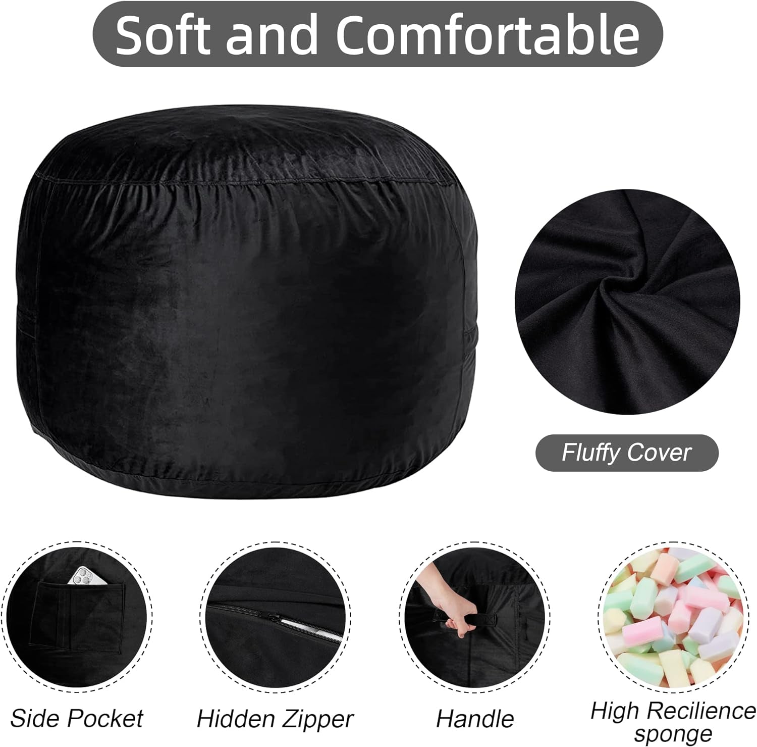 3Ft Bean Bag Chair, Memory Foam Filling Bean Bag Chairs with Velvet Cover, Removable and Machine Washable Cover, Giant Bean Bag Chair for Adult - Black