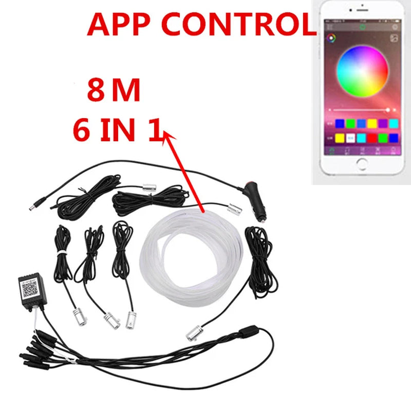 6 in 1 8M Sound Active EL Neon Strip Light RGB LED Car Interior Light Multicolor Bluetooth Phone Control Atmosphere Light 12V