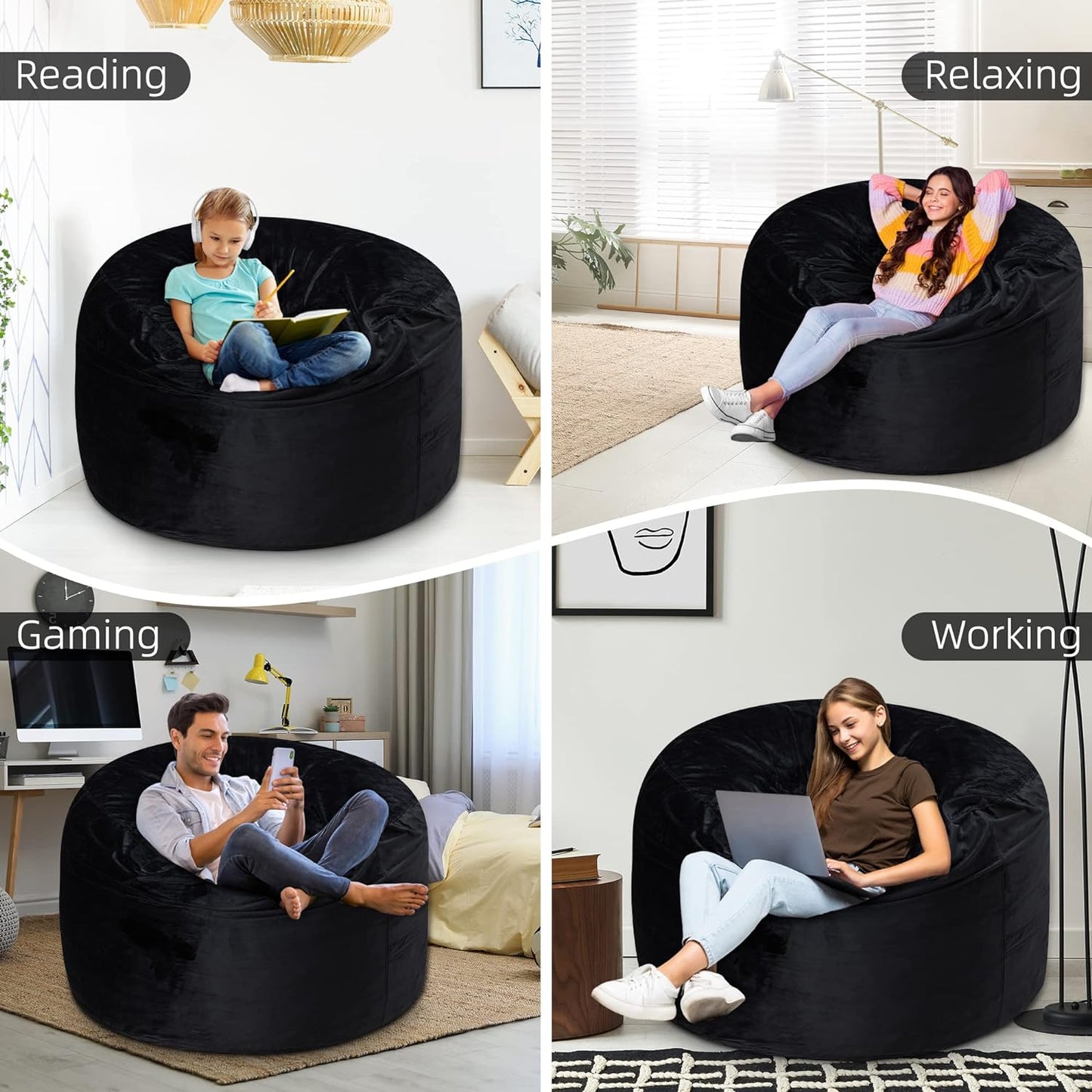 3Ft Bean Bag Chair, Memory Foam Filling Bean Bag Chairs with Velvet Cover, Removable and Machine Washable Cover, Giant Bean Bag Chair for Adult - Black