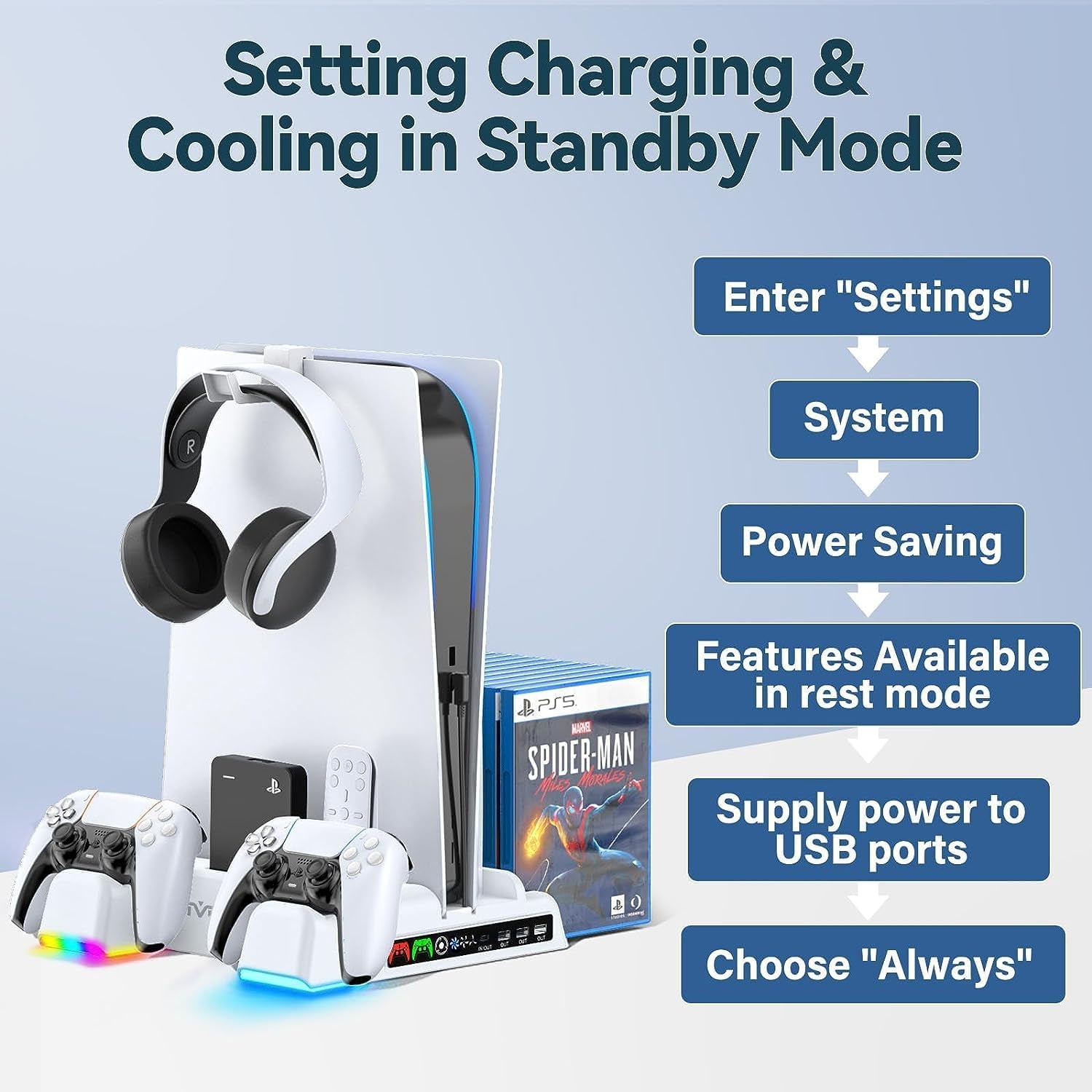 PS5 / PS5 Slim Stand and Cooling Station with RGB LED Controller Charging Station for Playstation 5 Console, PS5 Controller Charger, PS5 / PS5 Slim Accessories with 3 Level Cooling Fan