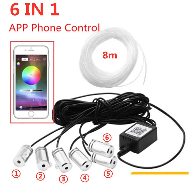 6 in 1 8M Sound Active EL Neon Strip Light RGB LED Car Interior Light Multicolor Bluetooth Phone Control Atmosphere Light 12V