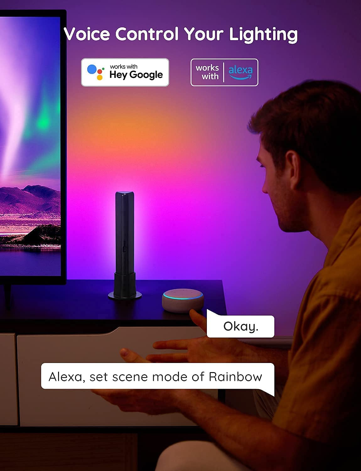 Smart LED Light Bars, Work with Alexa and Google Assistant, RGBICWW Wifi TV Backlights with Scene and Music Modes for Gaming, Pictures, PC, Room Decoration